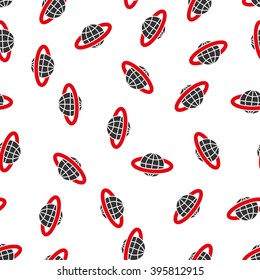 Planetary Ring vector seamless repeatable pattern. Style is flat red and dark gray planetary ring symbols on a white background.