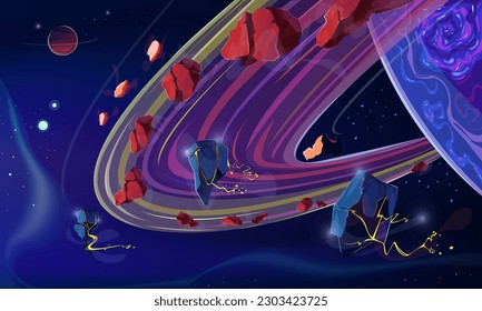 Planetary rings and asteroid belt. Colorful rings encircling the planet. Asteroids in orbit, volcanic activity, plasma trail, nebula, stars, outer space. Sci-fi, fantasy. Vector cartoon illustration.