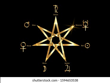 Planetary Ritual of the gold Heptagram, vector isolated on black background. Seven point star or septa-gram, hepta-gram magical symbol mystic sign. Golden Witches runes, wicca divination symbols