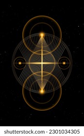 Planetary sacred geometry, gold lines overlap, triangles shape on circles. Orbits of energy circle. Alchemy, magic, esoteric, occultism symbols. Golden divine cross, vector isolated, black background