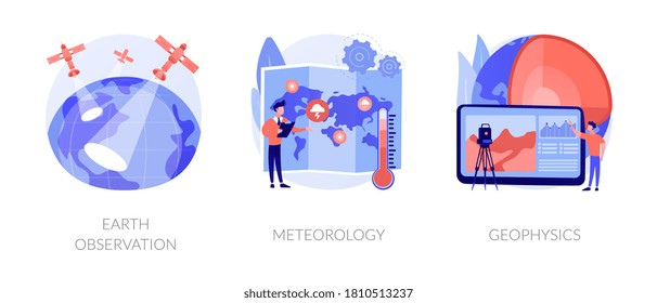 Planetary science abstract concept vector illustration set. Earth observation, meteorology and geophysics, satellite service, met station, weather prediction, space engineering abstract metaphor.