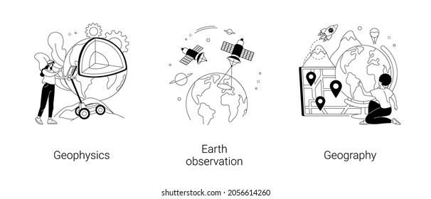 Planetary science abstract concept vector illustration set. Geophysics survey, earth observation and space engineering, world geography, university course, cartography abstract metaphor.