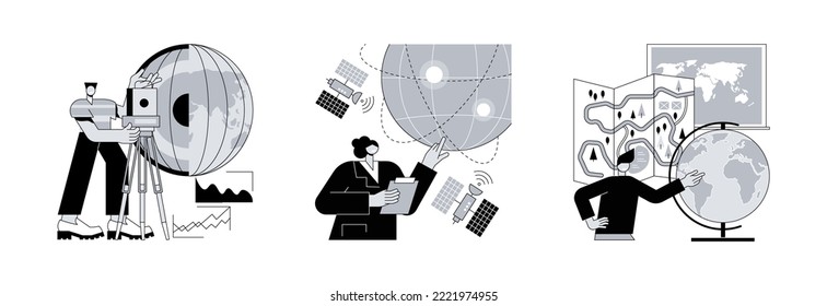 Planetary science abstract concept vector illustration set. Geophysics survey, earth observation and space engineering, world geography, university course, cartography abstract metaphor.