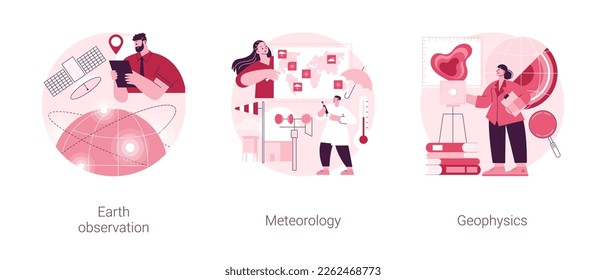 Planetary science abstract concept vector illustration set. Earth observation, meteorology and geophysics, satellite service, met station, weather prediction, space engineering abstract metaphor.
