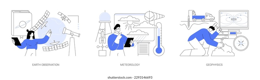 Planetary science abstract concept vector illustration set. Earth observation, meteorology and geophysics, satellite service, met station, weather prediction, space engineering abstract metaphor. svg