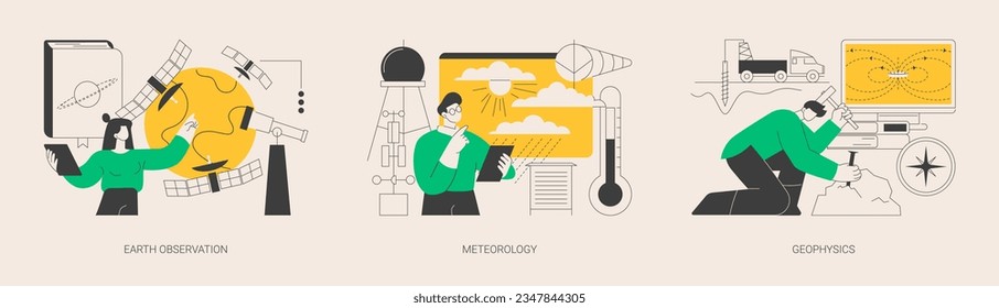 Planetary science abstract concept vector illustration set. Earth observation, meteorology and geophysics, satellite service, met station, weather prediction, space engineering abstract metaphor.