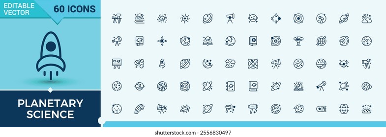 Planetary Science icon collection. Contains such icons as galaxy, cosmic, science, observatory, cosmos, astrology and more. Outline symbol collection. Vector illustration in modern line style.
