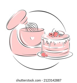 Planetary stationary dough mixer, cake and berries. Cake shop logo. Vector illustration on white background for menu, recipe book, baking shop.