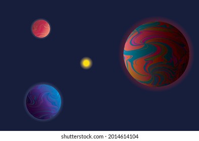 Planetary system. Abstract background. Colored spheres with a gradient and wavy strips. Vector illustration