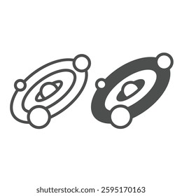 Planetary system with black hole line and solid icon, cosmos concept. Vector graphics. Black star with planets orbit sign on white background, outline style icon for mobile or web design