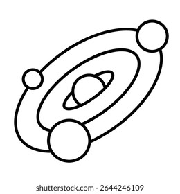 Planetary system with black hole thin line icon, cosmos concept. Vector graphics. Black star with planets orbit sign on white background, style mobile or design
