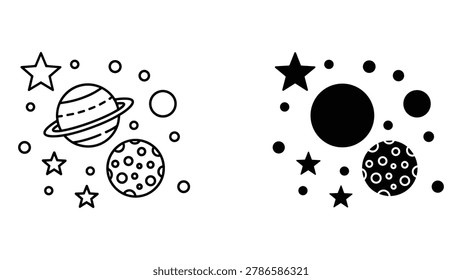 Planetary system icon set with multiple planets and stars for space education