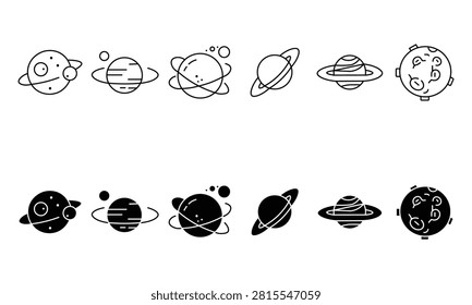 Planetary system icons line art and solid black variations for space themed designs