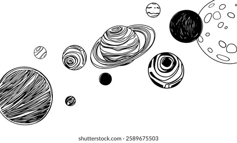 Planetary system sketch. Different planets and ringed planet in the center. Space exploration, astronomy, and cosmic art concept. Hand-drawn black and white line art on a white background