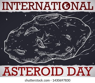 Planetoid in hand drawn style over ragged dark paper, crossing the space and atmosphere like meteor during International Asteroid Day celebration.