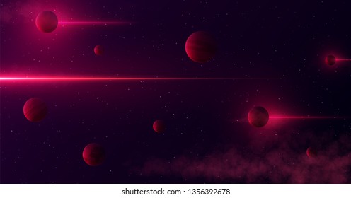 Planets 3d on background of stars and galaxy. Light abstract lines of gamma rays pass through space. fantastic themed pattern
