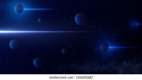 Planets 3d on background of stars and galaxy. Light abstract lines of gamma rays pass through space. fantastic themed pattern