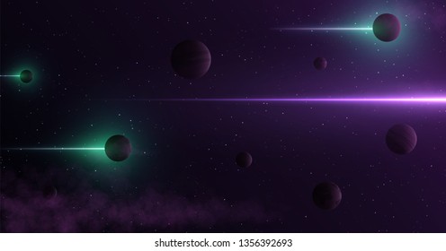 Planets 3d on background of stars and galaxy. Light abstract lines of gamma rays pass through space. fantastic themed pattern