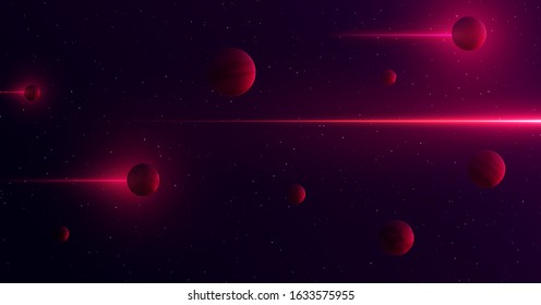 Planets 3d on background of stars and galaxy. Light abstract lines of gamma rays pass through space. fantastic themed pattern