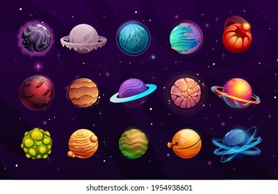 Planets of alien or fantasy space cartoon vector space game ui. User interface elements of another world universe galaxy space planets and stars with frozen ice, orbits, satellites and craters