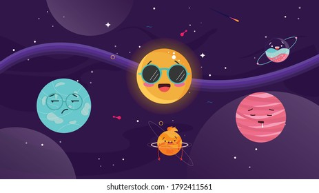 Planets around sun in space