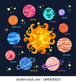 Planets around sun in space. Cartoon colorful solar system in dark background. Astronomical observatory. Sun moon mercury venus earth mars jupiter saturn neptun. Astronomy galaxy. Vector illustration