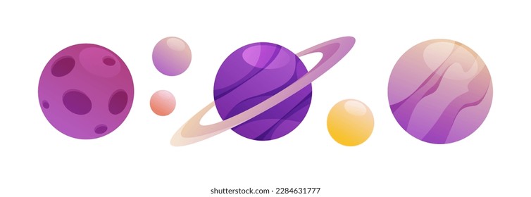 Planets and asteroids, isolated celestial bodies in row. Globe and spheres from galaxy or universe. Metaverse environment. Vector in flat cartoon illustration