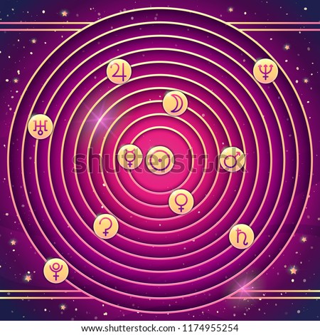 Planets in astrological practices. Concept with astrology and alchemy symbols. Mistic solar system. Vector illustration
