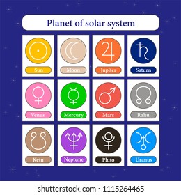 Planets in astrology and their colors. Set of planetary icon symbols. Astrology. Vector planet solar system.