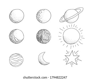 Planets and astronomical object in hand drawn style, vector isolated.