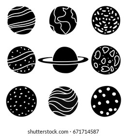 Conjunto de dibujos animados de planetas. Mano negra dibujada aislada en fondo blanco