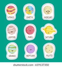 Planets cartoon stickers. Smiling Venus, Earth, Mercury. Jupiter, Mars, Saturn, Uranus, Neptune, Pluto vector illustrations isolated on green background. Counters or tokens for table games, price tags