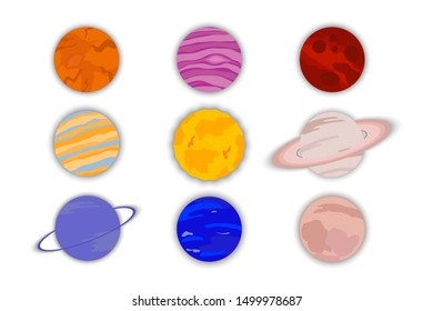 Planets cartoon vector clip-art set with paper cut effect, isolated cute illustration.