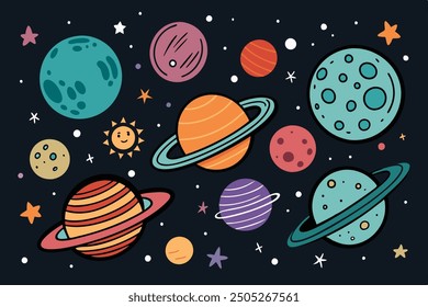 Planeten Cartoon-Vektorgrafik-Clip-Art-Set, einzelne süße Planeten, Illustration auf weißem Hintergrund.