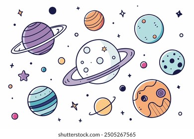 Planets Cartoon Vector Clip-art Set, Isolated Cute Planets Illustration On White Background.