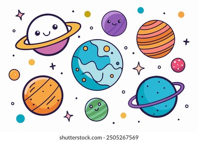 Planeten Cartoon-Vektorgrafik-Clip-Art-Set, einzelne süße Planeten, Illustration auf weißem Hintergrund.