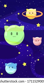 Planets with cat ears and funny faces. Starry sky. Cosmic background.