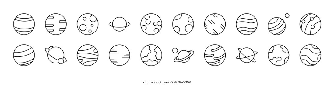 Planets and Celestial Bodies Bundle of Thin Icons. Editable Stroke. Suitable for Web Sites, Books, Cards, Apps