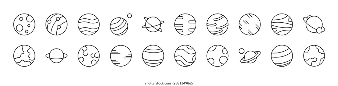 Planets and Celestial Bodies Collection of Thin Icons. Editable Stroke. Suitable for Web Sites, Books, Cards, Apps