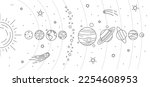 Planets, celestial bodies, falling meteors and stars set. Astronomy and cosmos objects, Universe galaxy planets and stars. Sun, Earth, Mercury, Jupiter, Saturn, Uranus thin line vector illustration