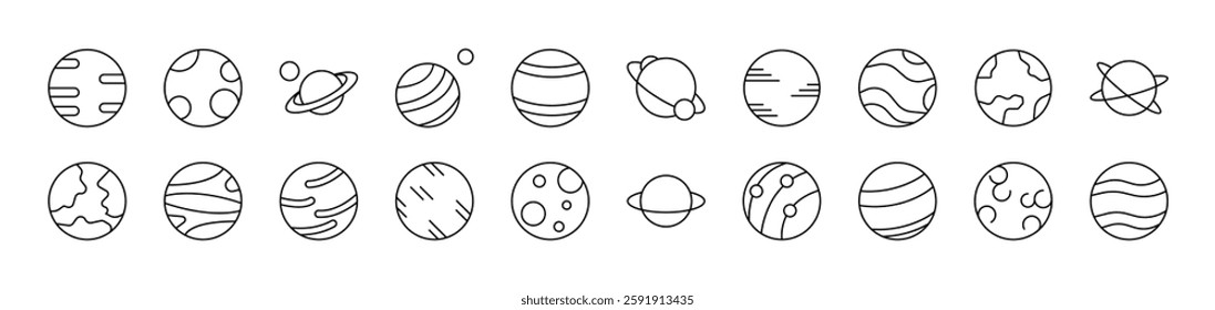 Planets and Celestial Bodies Icon Set for UI, Placards, Books, Apps. Editable Stroke. Suitable for Web Sites, Books, Cards, Apps