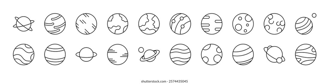 Planets and Celestial Bodies Outline Simple Linear Image Collection. Editable Stroke. Suitable for Web Sites, Books, Cards, Apps