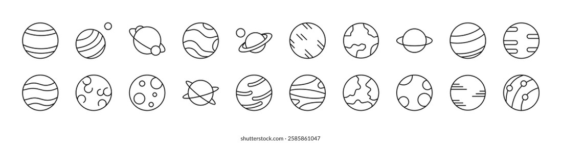 Planets and Celestial Bodies Pack of Thin Icons. Editable Stroke. Suitable for Web Sites, Books, Cards, Apps