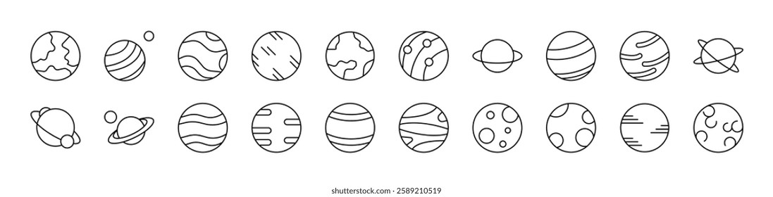 Planets and Celestial Bodies Related Icon Set. Editable Stroke. Suitable for Web Sites, Books, Cards, Apps