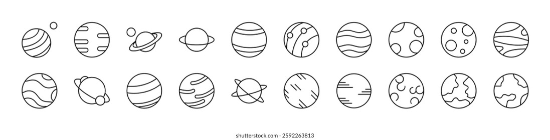 Planets and Celestial Bodies Related Line Icons for Web Sites, Books, Cards, Apps. Editable Stroke. Suitable for Web Sites, Books, Cards, Apps