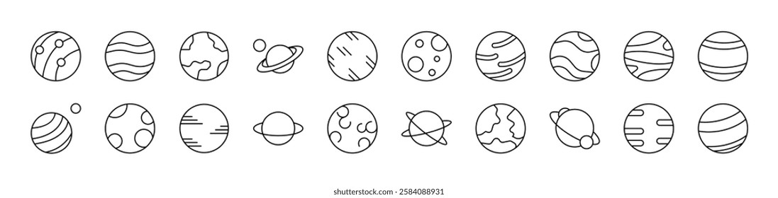 Planets and Celestial Bodies Set of Thin Icons. Editable Stroke. Suitable for Web Sites, Books, Cards, Apps