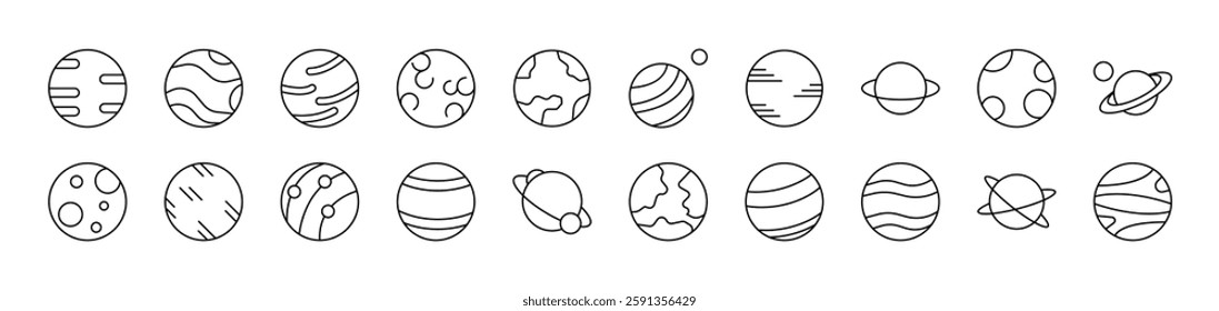 Planets and Celestial Bodies Simple Isolated Line Icons Collection. Editable Stroke. Suitable for Web Sites, Books, Cards, Apps