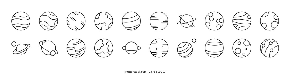 Planets and Celestial Bodies Thin Icons Collection. Editable Stroke. Suitable for Web Sites, Books, Cards, Apps