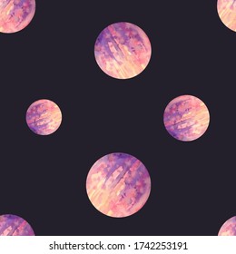 Los planetas circulan sin inconvenientes con efecto acuarela en colores amarillos, rosados y púrpura sobre un fondo oscuro. Ilustración vectorial para textiles, anuncios, postales, invitaciones, carteles, banners.