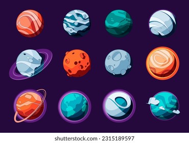 Planets collection. Cartoon fantasy planet with different shape and color, universe cosmic group of different shape planetoid and satellites. Vector set. Galaxy universe bodies isolated in space